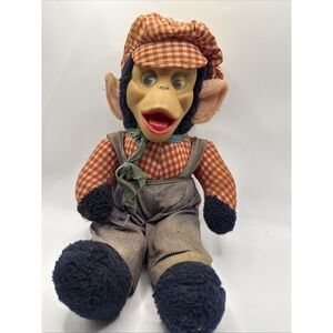Vintage Gund Monkey Plush Chimp Rubber Hard Face Gingham Check Hat 13" Stuffed
